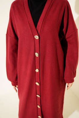 Gold Düğmeli Fitilli Kaşe Hırka Kırmızı - Hırka