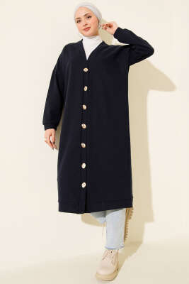 Gold Düğmeli Fitilli Kaşe Hırka Lacivert - SAS