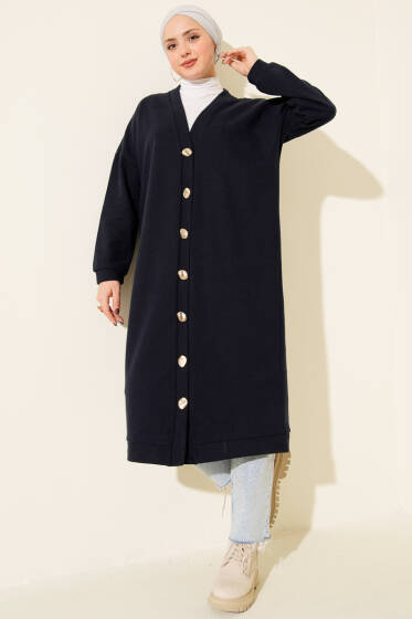 Gold Düğmeli Fitilli Kaşe Hırka Lacivert - Hırka