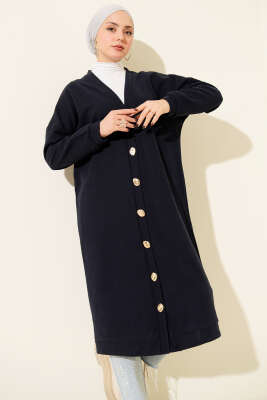 Gold Düğmeli Fitilli Kaşe Hırka Lacivert - Hırka