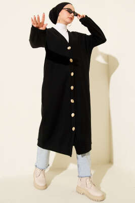 Gold Düğmeli Fitilli Kaşe Hırka Siyah - SAS