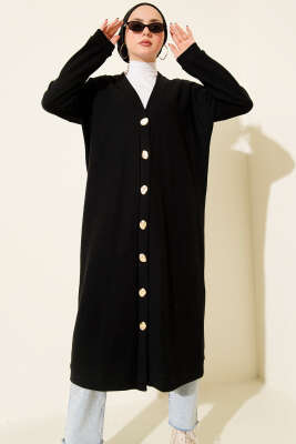 Gold Düğmeli Fitilli Kaşe Hırka Siyah - Hırka