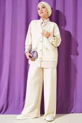 Gold Düğmeli Garnili Salaş İkili Takım Bej - HATUN