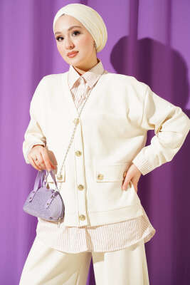 Gold Düğmeli Garnili Salaş İkili Takım Bej - İkili Takım