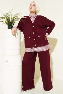 Gold Düğmeli Garnili Salaş İkili Takım Bordo - HATUN