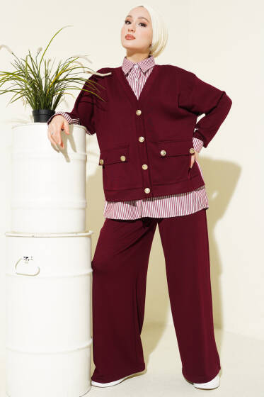 Gold Düğmeli Garnili Salaş İkili Takım Bordo - İkili Takım