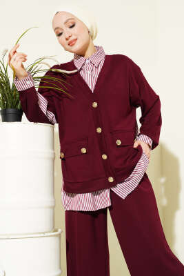 Gold Düğmeli Garnili Salaş İkili Takım Bordo - İkili Takım