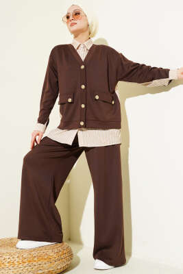 Gold Düğmeli Garnili Salaş İkili Takım Kahve - HATUN