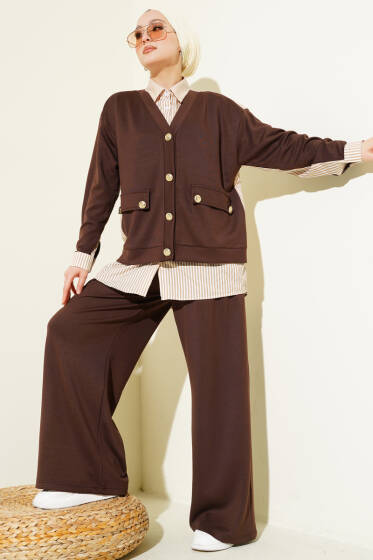 Gold Düğmeli Garnili Salaş İkili Takım Kahve - İkili Takım