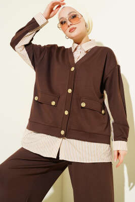 Gold Düğmeli Garnili Salaş İkili Takım Kahve - İkili Takım