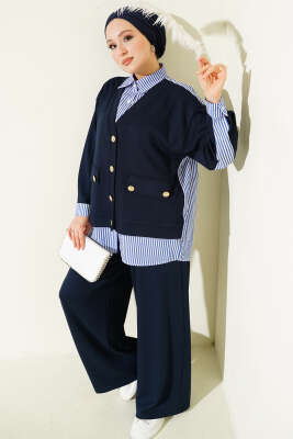 Gold Düğmeli Garnili Salaş İkili Takım Lacivert - HATUN