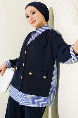 Gold Düğmeli Garnili Salaş İkili Takım Lacivert - İkili Takım