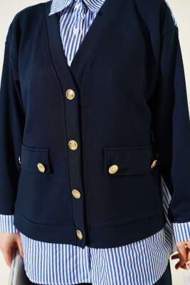 Gold Düğmeli Garnili Salaş İkili Takım Lacivert - İkili Takım