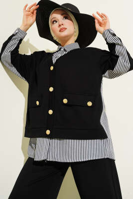 Gold Düğmeli Garnili Salaş İkili Takım Siyah - HATUN