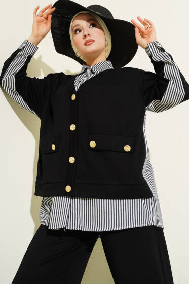 Gold Düğmeli Garnili Salaş İkili Takım Siyah - İkili Takım