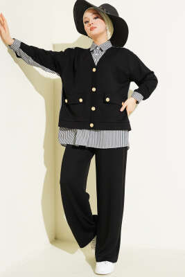 Gold Düğmeli Garnili Salaş İkili Takım Siyah - İkili Takım