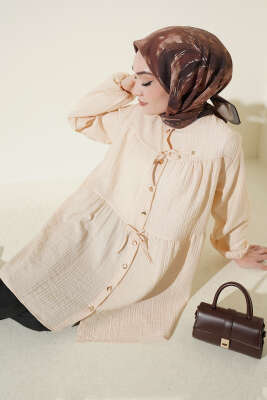 Gold Düğmeli İp Detaylı Gömlek Bej - NEVA MODA