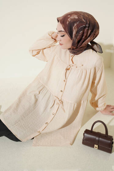 Gold Düğmeli İp Detaylı Gömlek Bej - Gömlek