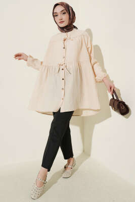 Gold Düğmeli İp Detaylı Gömlek Bej - Gömlek