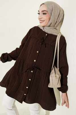 Gold Düğmeli İp Detaylı Gömlek Kahve - NEVA MODA