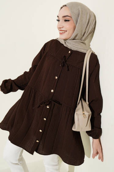 Gold Düğmeli İp Detaylı Gömlek Kahve - Gömlek