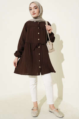 Gold Düğmeli İp Detaylı Gömlek Kahve - Gömlek