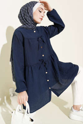 Gold Düğmeli İp Detaylı Gömlek Lacivert - NEVA MODA