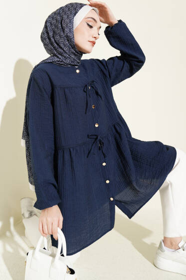 Gold Düğmeli İp Detaylı Gömlek Lacivert - Gömlek