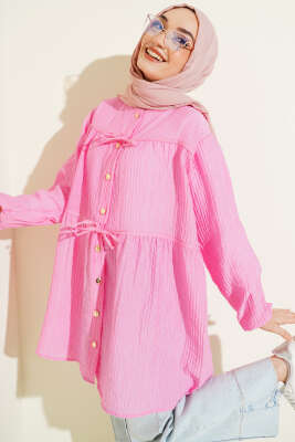 Gold Düğmeli İp Detaylı Gömlek Pembe - NEVA MODA