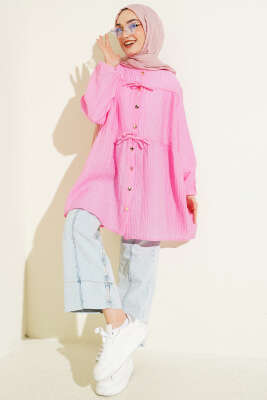 Gold Düğmeli İp Detaylı Gömlek Pembe - Gömlek