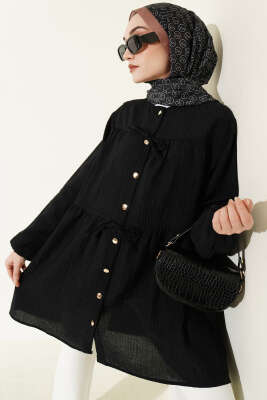 Gold Düğmeli İp Detaylı Gömlek Siyah - NEVA MODA