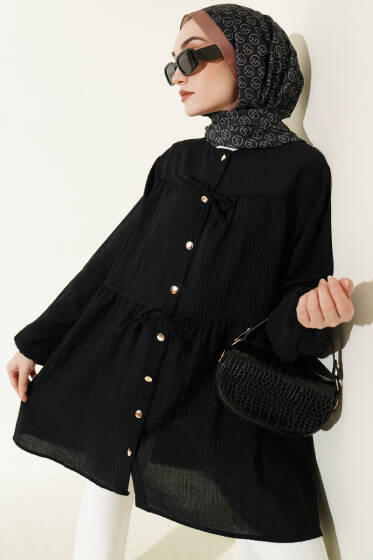 Gold Düğmeli İp Detaylı Gömlek Siyah - Gömlek