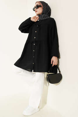 Gold Düğmeli İp Detaylı Gömlek Siyah - Gömlek