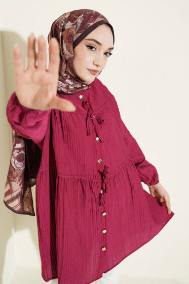 Gold Düğmeli İp Detaylı Gömlek Vişne - Gömlek