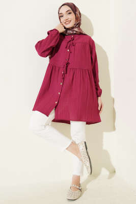 Gold Düğmeli İp Detaylı Gömlek Vişne - Gömlek