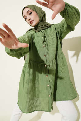 Gold Düğmeli İp Detaylı Gömlek Yeşil - NEVA MODA