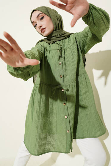 Gold Düğmeli İp Detaylı Gömlek Yeşil - Gömlek