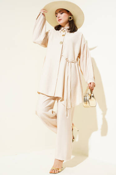 Gold Düğmeli İp Detaylı İkili Takım Bej - İKİLİ TAKIM