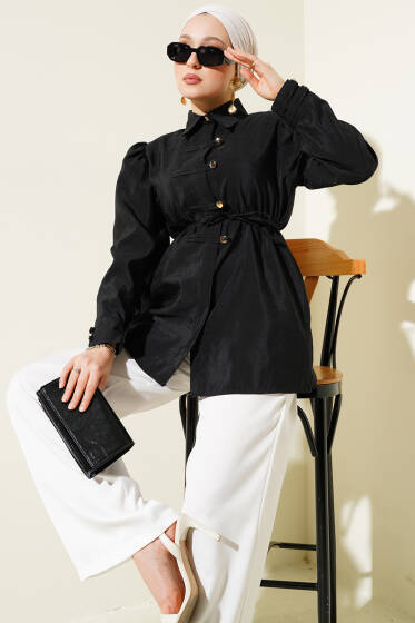 Gold Düğmeli İp Kuşaklı Gömlek Siyah - Gömlek