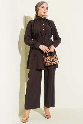 Gold Düğmeli İp Kuşaklı Modal İkili Takım Acı Kahve - MUSTİ