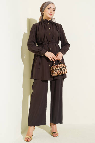 Gold Düğmeli İp Kuşaklı Modal İkili Takım Acı Kahve - İkili Takım