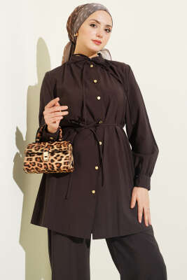 Gold Düğmeli İp Kuşaklı Modal İkili Takım Acı Kahve - İkili Takım