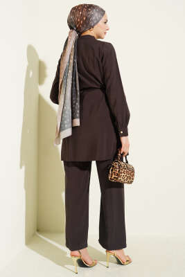 Gold Düğmeli İp Kuşaklı Modal İkili Takım Acı Kahve - İkili Takım