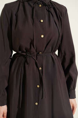 Gold Düğmeli İp Kuşaklı Modal İkili Takım Acı Kahve - İkili Takım