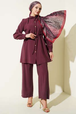 Gold Düğmeli İp Kuşaklı Modal İkili Takım Burgonya - MUSTİ