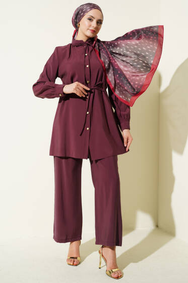 Gold Düğmeli İp Kuşaklı Modal İkili Takım Burgonya - İkili Takım