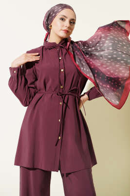 Gold Düğmeli İp Kuşaklı Modal İkili Takım Burgonya - İkili Takım