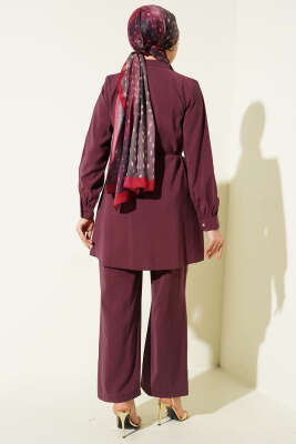 Gold Düğmeli İp Kuşaklı Modal İkili Takım Burgonya - İkili Takım