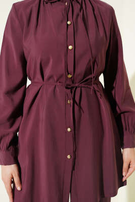 Gold Düğmeli İp Kuşaklı Modal İkili Takım Burgonya - İkili Takım