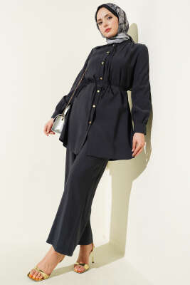 Gold Düğmeli İp Kuşaklı Modal İkili Takım Füme - MUSTİ